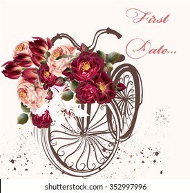 Beautiful greeting card with vintage bicycle and roses first date