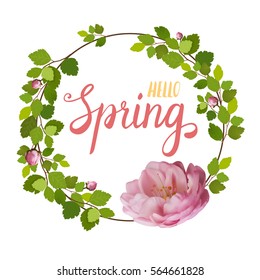 Beautiful greeting card with a wreath of spring pink roses and lettering on white background. Vector illustration