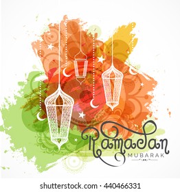 A beautiful greeting card,banner or poster of ramadan mubarak with decorated hanging lamp,moon,star.