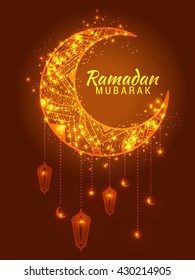 A beautiful greeting card,poster of ramadan mubarak with decorated shiny moon and hanging lamps.