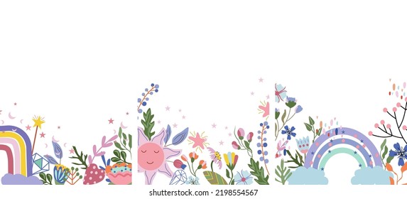 Beautiful of greeting cards with colorful flowers and leaves, rainbows, sun and other. Magical illustrations for your as creating card, banner, birthday and other holidays.Vector