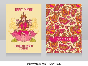Beautiful greeting cards for diwali festival with indian goddess Lakshmi, vector illustration