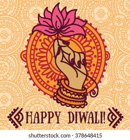 Beautiful greeting cards for diwali festival with indian god's hand and lotus, vector illustration