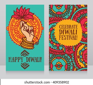 Beautiful greeting cards for diwali festival with indian god's hand and lotus, vector illustration