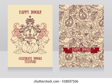 Beautiful greeting cards for diwali festival with indian goddess Lakshmi, vector illustration