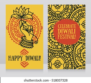 Beautiful greeting cards for diwali festival with indian god's hand and lotus, vector illustration