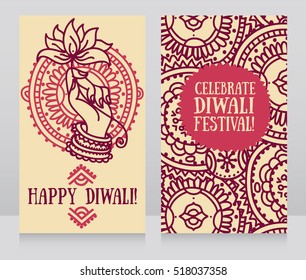 Beautiful greeting cards for diwali festival with indian god's hand and lotus, vector illustration