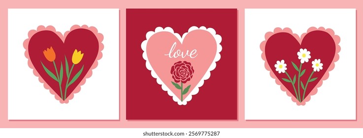 Beautiful greeting cards featuring heart and floral designs, perfect for Valentine's Day, Mother's Day, anniversaries, and celebrating love. Vector illustration.