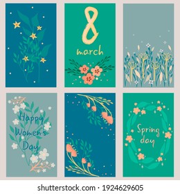 Beautiful greeting cards with the holiday of March 8, International Women's Day. Doodle flowers and leaves with title. Vector illustration.