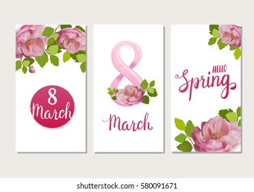 Beautiful greeting cards with the holiday of March 8, International Women's Day with spring roses and lettering.