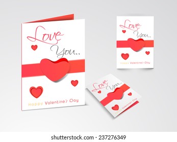 Beautiful greeting cards or love cards with hearts and Love You text for Happy Valentine's Day celebration on shiny grey background.