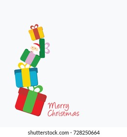 beautiful greeting & christmas card isolated & space for text. colorful pile of gifts vector & little santa claus cartoon with Snowflakes on a white snow flat design background & text merry christmas.