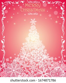 Beautiful greeting Christmas card for winter holidays with golden stars and Xmas tree with handmade paper snowflakes