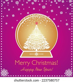 Beautiful greeting craft card in viva magenta color with golden globe, Christmas decorative white tree and snowflakes