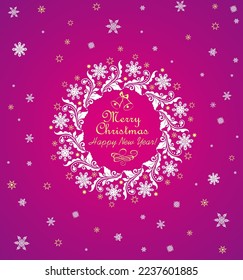 Beautiful greeting craft card in viva magenta color with Christmas decorative white paper cutting wreath, snowflakes and golden stars