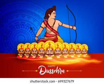 Beautiful greeting design on for Happy Dussehra, Vector Illustration of Ten faces of Ravana with Text of Dussehra and Lord Ram with bow and arrow 