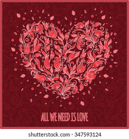 Beautiful greeting happy valentines day card of floral heart. Bright illustration, can be used as greeting card, invitations for wedding, birthday.Paisley Doodle Flowers  Design.