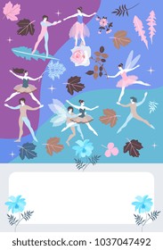 Beautiful greeting or invitation card with cute cartoon fairies and elves on multicolor background. Space for text. Vector illustration.