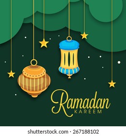 Beautiful greeting or invitation card design decorated with colourful arabic lanterns and golden stars for Islamic holy month of prayers Ramadan Kareem celebrations. 