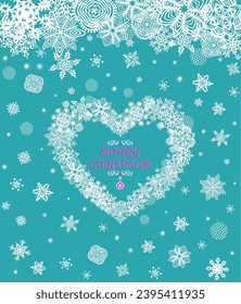 Beautiful greeting mint color card for winter holidays with craft Christmas wreath in heart shape with paper cutting snowflakes