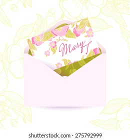 Beautiful greeting open wedding envelope with vintage flowers. Gentle, blooming flowers gently pink flowers with green leaves. Design envelope for festive occasions: wedding, birthday, baby shower