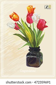 Beautiful Greeting postcard with bouquet tulip flowers in a vase of glass, eps8. Vector invitation design in retro style