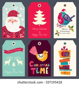 Beautiful greeting tags with Santa Claus, bullfinch and gift boxes