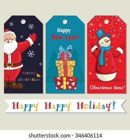 Beautiful greeting tags with Santa Claus, snowmen and gift boxes