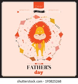 Beautiful greeting vector card "Happy father's day". Bright background with cute illustration and stylish typography.
