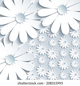 Beautiful grey background with 3d white cut paper chamomile. Trendy modern abstract background. Greeting or invitation card for life events with place for text. Vector illustration.