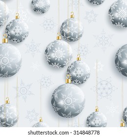 Beautiful grey background seamless pattern with Christmas balls and white, gray ornate snowflakes. Winter seamless wallpaper for New Year and Christmas. Greeting, invitation card. Vector illustration.