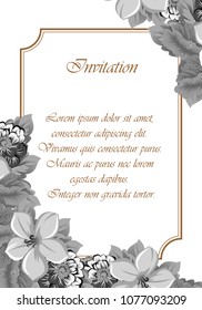 Beautiful grey floral frame. For your printed products design. Postcards, greeting cards and invitations for birthday, wedding, Valentine's day, party. Vector illustration.