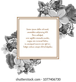 Beautiful grey floral frame. For your printed products design. Postcards, greeting cards and invitations for birthday, wedding, Valentine's day, party. Vector illustration.