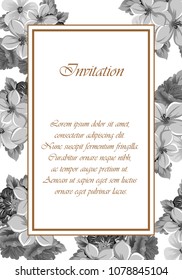 Beautiful grey floral frame. For your printed products design. Postcards, greeting cards and invitations for birthday, wedding, Valentine's day, party. Vector illustration.
