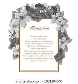 Beautiful grey floral frame. For your printed products design. Postcards, greeting cards and invitations for birthday, wedding, Valentine's day, party. Vector illustration.