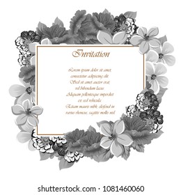 Beautiful grey floral frame. For your printed products design. Postcards, greeting cards and invitations for birthday, wedding, Valentine's day, party. Vector illustration.