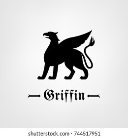 Beautiful griffin icon in black color. Vector illustration in flat style isolated on a light background useful for logo, sign, emblem or symbol graphic design. Mythical creatures collection.