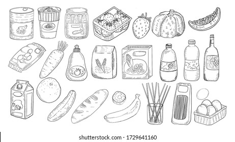 Beautiful Grocery Items Freehand Sketch Drawing Style In Black And White Color Set. Instant Noodle Cup, Corn Flake Box, Can Food, Wine Bottle, Snack,  Fruit, Vegetable . 