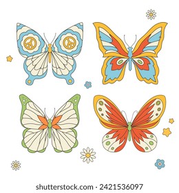 Beautiful groovy butterfly vector hand drawn illustrations set. Stock pop clip art in Hippie 60s 70s style. Peace. Pacific.