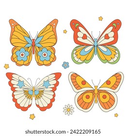 Beautiful groovy butterfly vector hand drawn illustrations set. Stock pop clip art in Hippie 60s 70s style. Peace. Pacific.