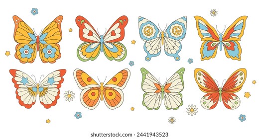 Beautiful groovy butterfly vector hand drawn illustrations set. Stock pop clip art in Hippie 60s 70s style. Peace. Pacific.