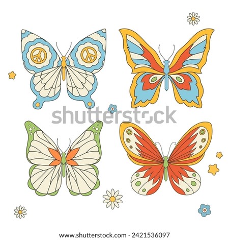 Beautiful groovy butterfly vector hand drawn illustrations set. Stock pop clip art in Hippie 60s 70s style. Peace. Pacific.