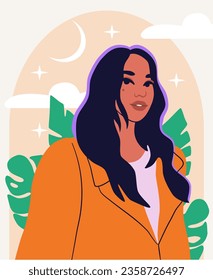 Beautiful groovy girl in yellow jacket. A funky portrait of brunette woman