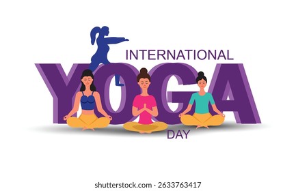 Beautiful group of women doing yoga or asana for 21 June International Yoga Day Celebration banner