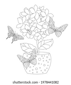 beautiful growing flower in cute flowerpot with butterflies flying around for your coloring pages