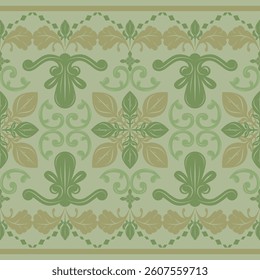 Beautiful Grunge Neatly Detailed Gold Green Motif Ornament Scroll Geometric Exotic Element Seamless Pattern. Royal Florals And Curly Design for Wallpaper Background Interior Fabrics Weaves Silk Lace  