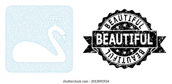 Schönes Grunge-Siegel und Vektor gekrönte Schwan-Maschenmodell. Schwarze Briefmarke enthält schöne Bildunterschrift in Band und Rosette. Abstrakter Flachmaschenschwan aus Flachmaschen.
