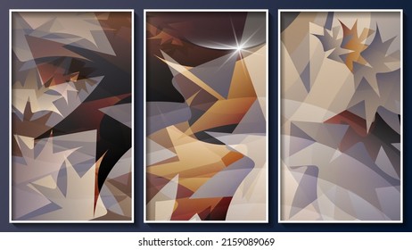 Schöner Grunge-Triptychon. Überlappen transluzenter Formen verschiedener Größen mit zerklüfteten und gezackten Kanten bilden eine Oberfläche von Motley. Drei Bilder in weißen, dünnen Rahmen. Vektorgrafik.