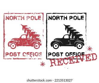 Beautiful grungy Christmas rubber stamp with retro car and Christmas tree - postal sign vector