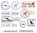 Beautiful grungy old rubber post stamp By Air Mail with a plane vector set